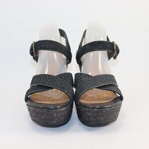 UGG Black Wedge Sandals – Size 8 Platform Heel Ankle Strap Textured Leather